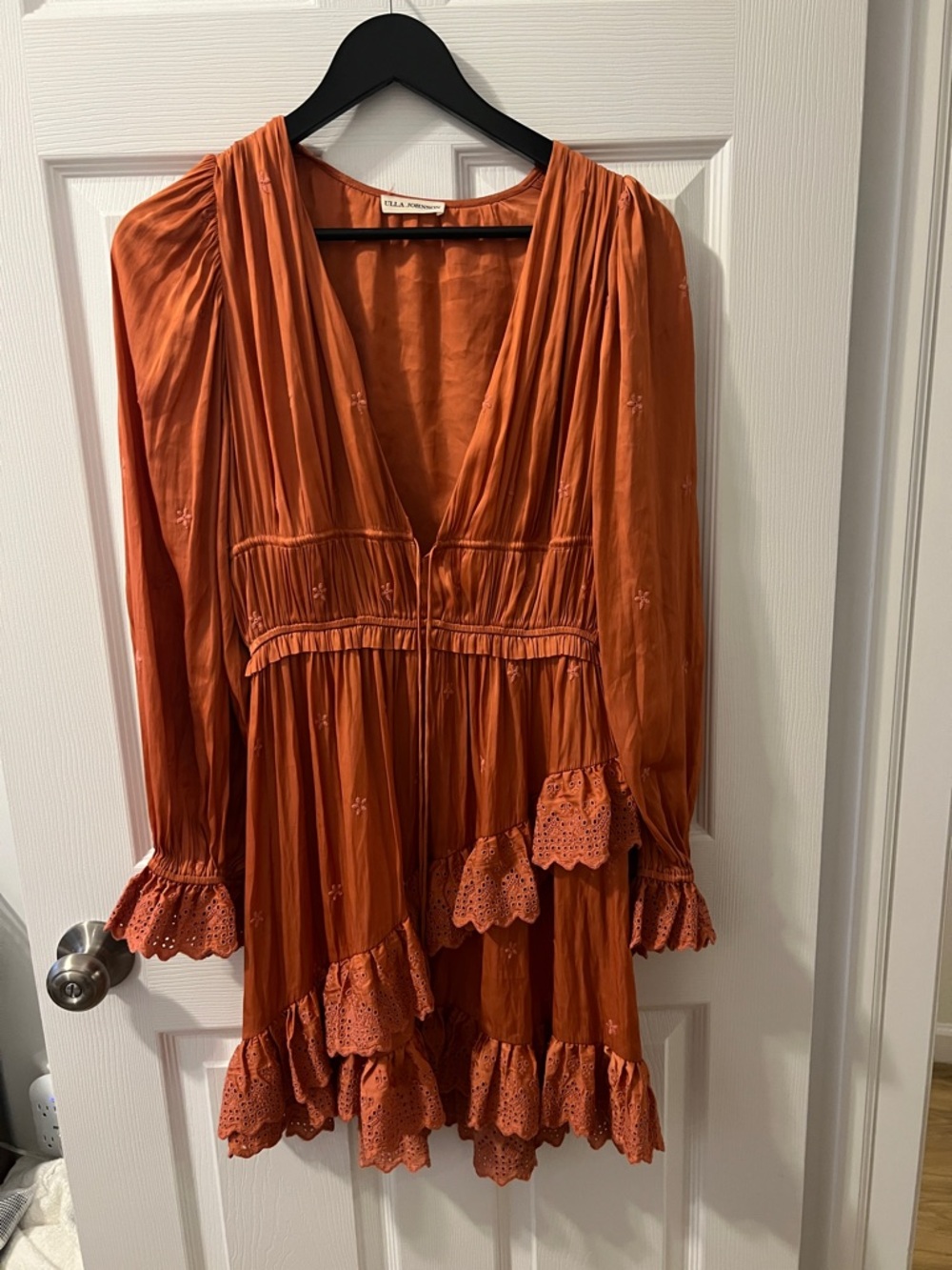 Ulla Johnson Rust Orange Tiered Eyelet Mini Dress